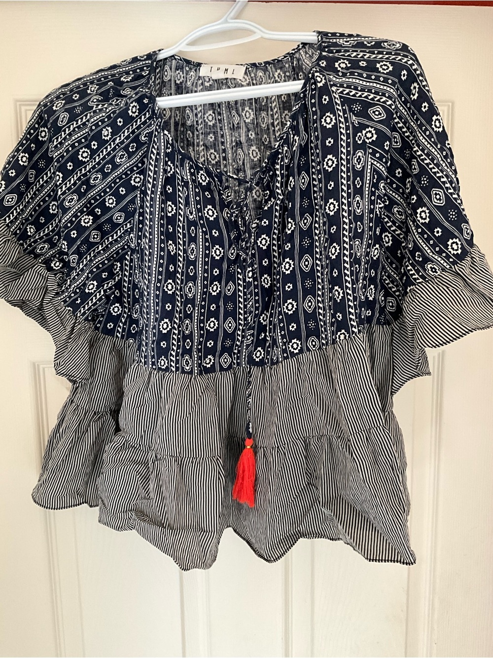 THML Navy & White Printed Peasant Tunic with Red Tassel
